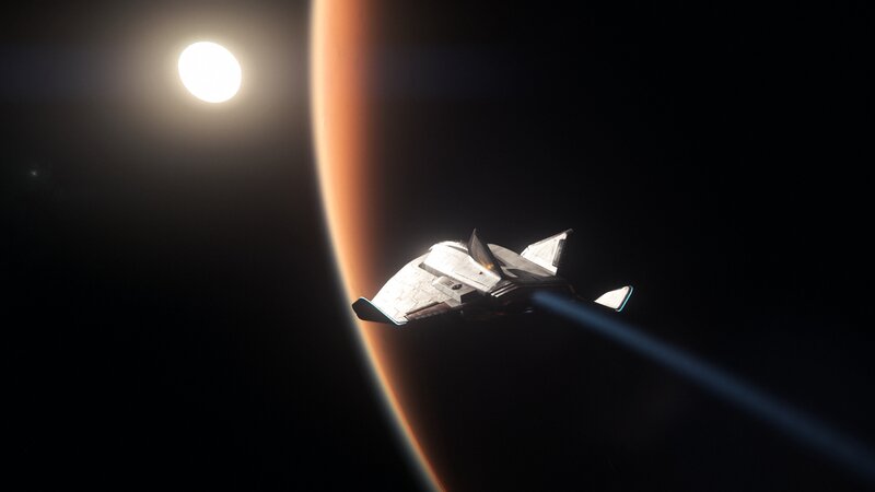 Spaceship Near Planet — Black, Dramatic, 3d Render, Sun, Spacecraft