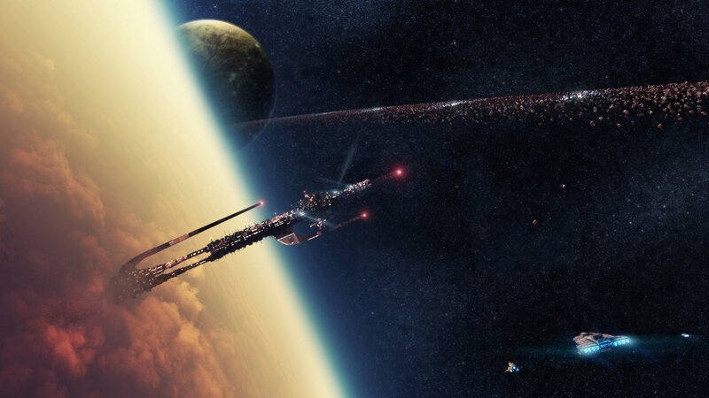 Spaceship Near Planet — Black, Dramatic, Digital Art, Asteroid Belt