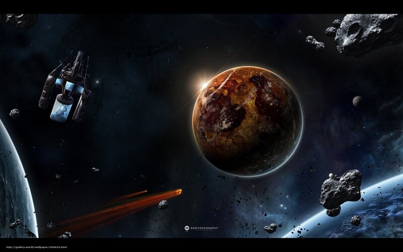 Spaceship Near Planet — Black, Dramatic, Digital Art, Asteroids