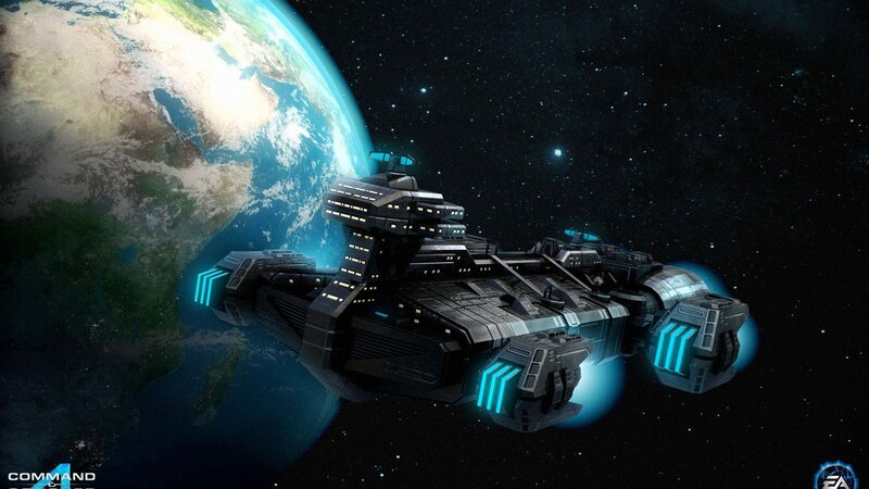 Spaceship Near Planet — Black, Dramatic, Digital Art, Earth, Stars