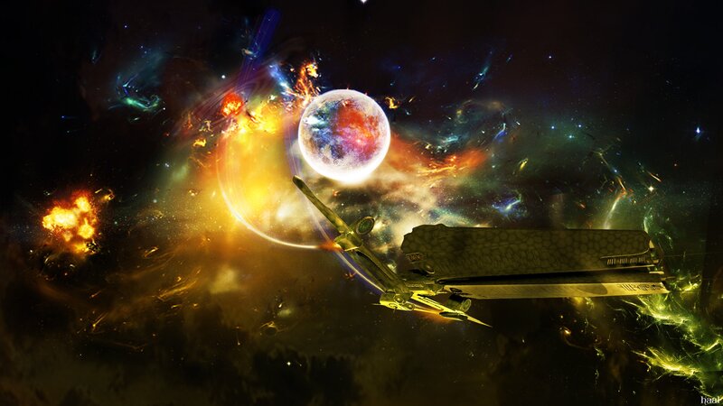 Spaceship Near Planet — Black, Dramatic, Digital Art, Explosion