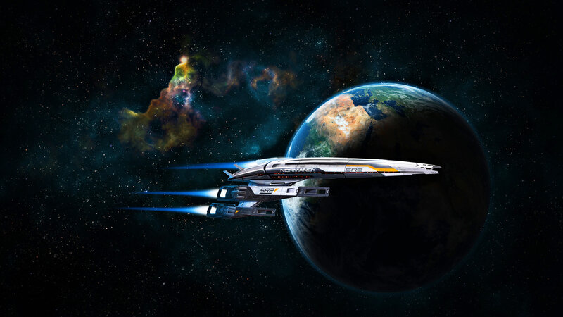 Spaceship Near Planet — Black, Dramatic, Digital Art, Nebula