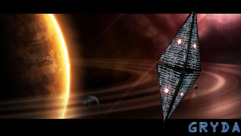 Spaceship Near Planet — Black, Dramatic, Digital Art, Rings