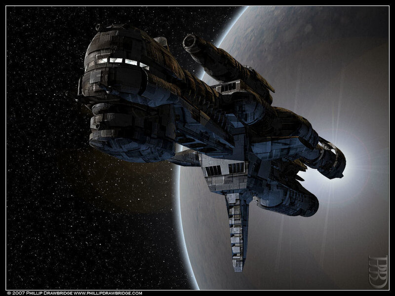 Spaceship Near Planet — Black, Dramatic, Digital Art