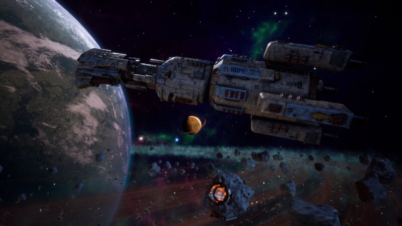 Spaceship Near Planet — Black, Dramatic, Night, 3d Render, Asteroids, Nebula