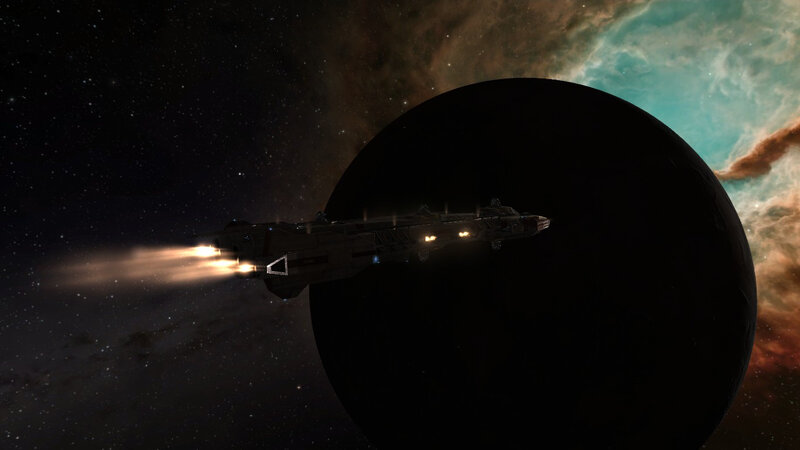Spaceship Near Planet — Black, Dramatic, Night, 3d Render, Nebula