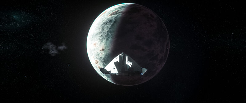 Spaceship Near Planet — Black, Dramatic, Night, 3d Render, Space, Starfield