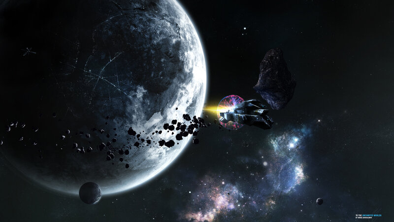 Spaceship Near Planet — Black, Dramatic, Night, Digital Art, Asteroid