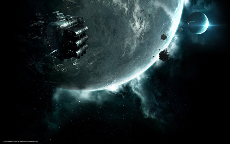 Spaceship Near Planet — Black, Dramatic, Night, Digital Art, Moon, Asteroids