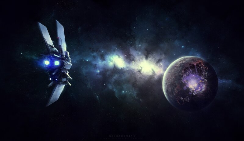 Spaceship Near Planet — Black, Dramatic, Night, Digital Art, Nebula
