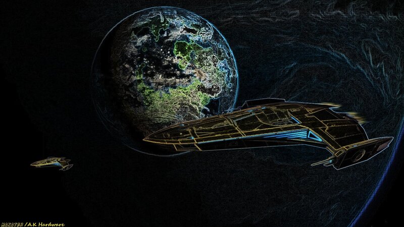 Spaceship Near Planet — Black, Dramatic, Night, Digital Art, Space
