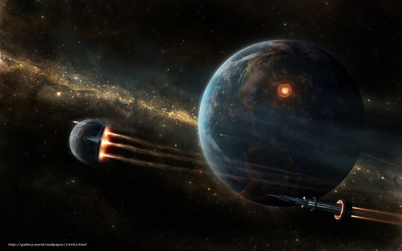 Spaceship Near Planet — Black, Dramatic, Night, Digital Art, Spacecraft