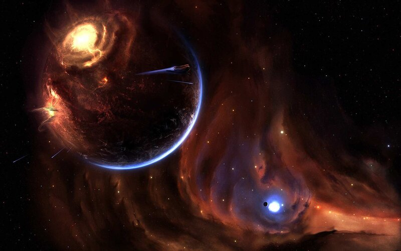 Spaceship Near Planet — Black, Dramatic, Night, Digital Art, Star, Nebula, Spacecraft