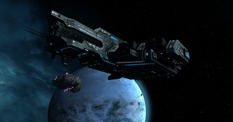 Spaceship Near Planet — Blue, Dramatic, 3d Render, Asteroid
