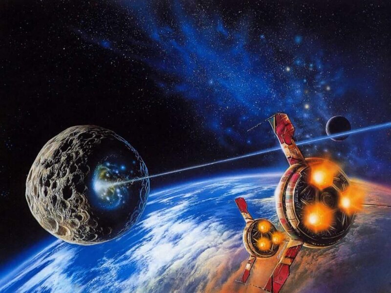 Spaceship Near Planet — Blue, Dramatic, Digital Art, Asteroid