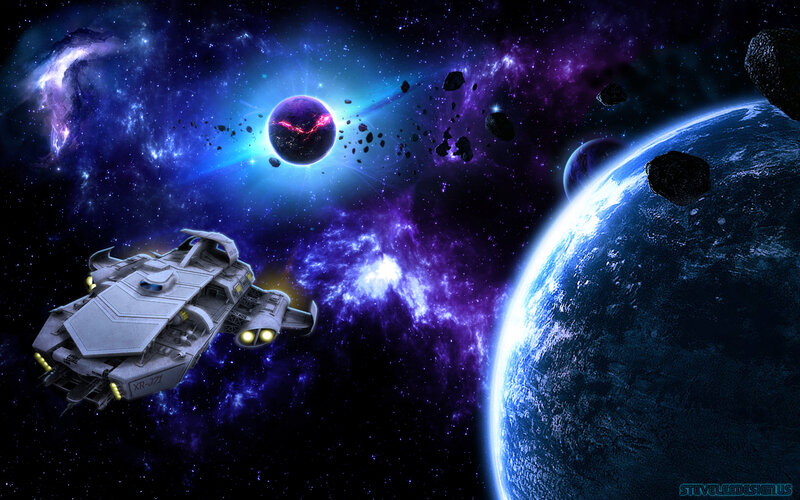 Spaceship Near Planet — Blue, Dramatic, Digital Art, Asteroids, Nebula