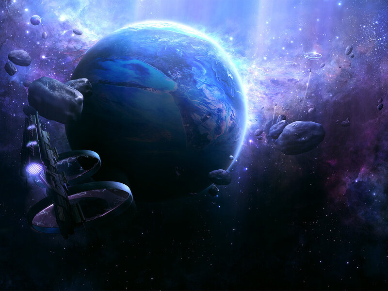 Spaceship Near Planet — Blue, Dramatic, Digital Art, Asteroids, Starfield