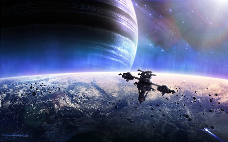 Spaceship Near Planet — Blue, Dramatic, Digital Art, Asteroids, Stars