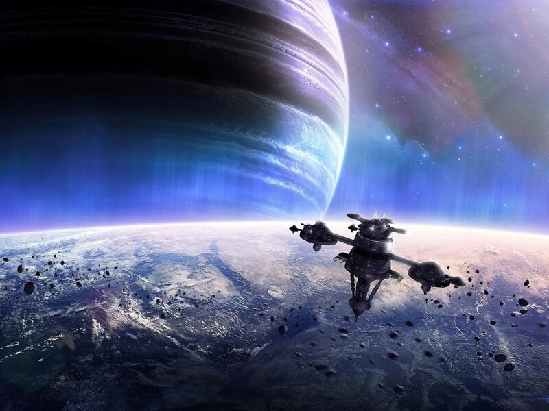 Spaceship Near Planet — Blue, Dramatic, Digital Art, Asteroids