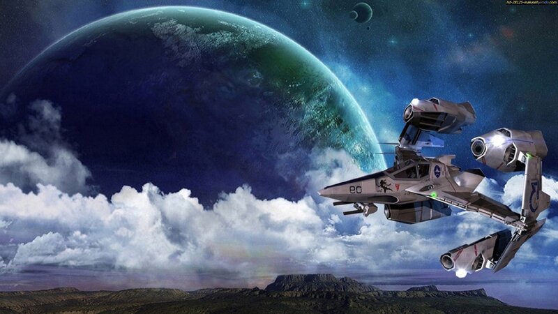 Spaceship Near Planet — Blue, Dramatic, Digital Art, Clouds