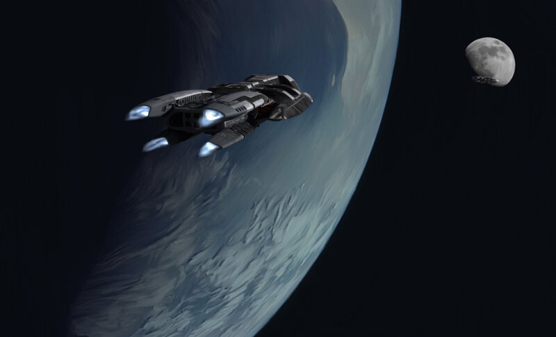 Spaceship Near Planet — Blue, Dramatic, Digital Art, Moon, Spacecraft