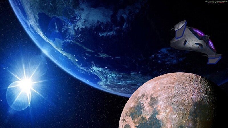 Spaceship Near Planet — Blue, Dramatic, Digital Art, Moon, Sun