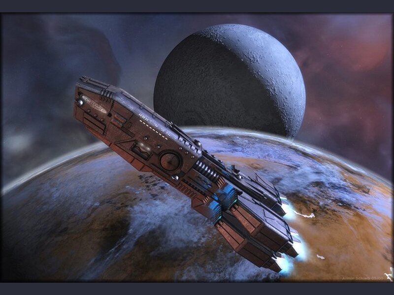 Spaceship Near Planet — Blue, Dramatic, Digital Art, Moon