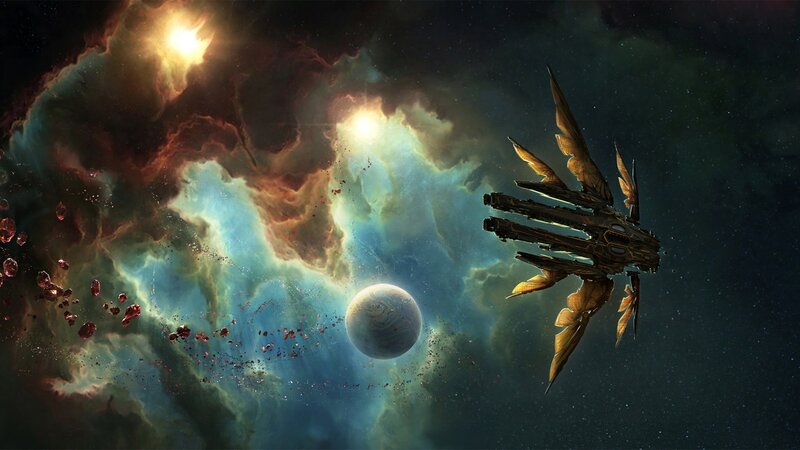 Spaceship Near Planet — Blue, Dramatic, Digital Art, Nebula