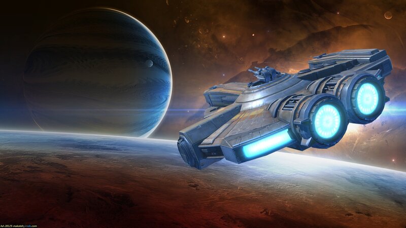 Spaceship Near Planet — Blue, Dramatic, Digital Art, Space