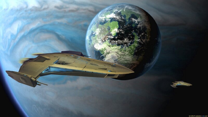 Spaceship Near Planet — Blue, Dramatic, Digital Art, Spacecraft