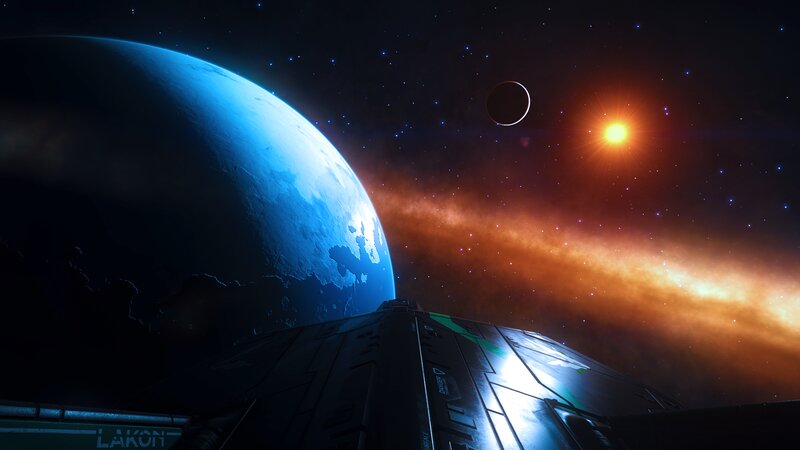 Spaceship Near Planet — Blue, Dramatic, Digital Art, Star, Moon