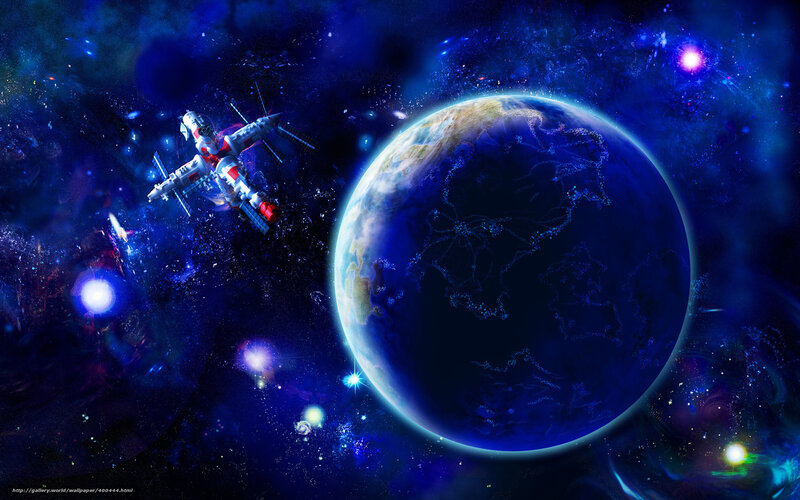 Spaceship Near Planet — Blue, Dramatic, Digital Art, Stars, Spacecraft