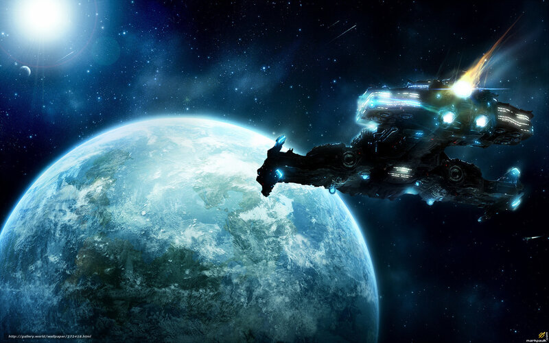 Spaceship Near Planet — Blue, Dramatic, Digital Art, Stars, Sun