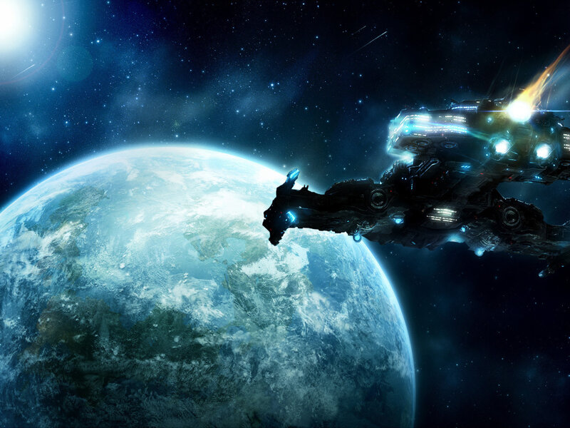 Spaceship Near Planet — Blue, Dramatic, Digital Art, Stars