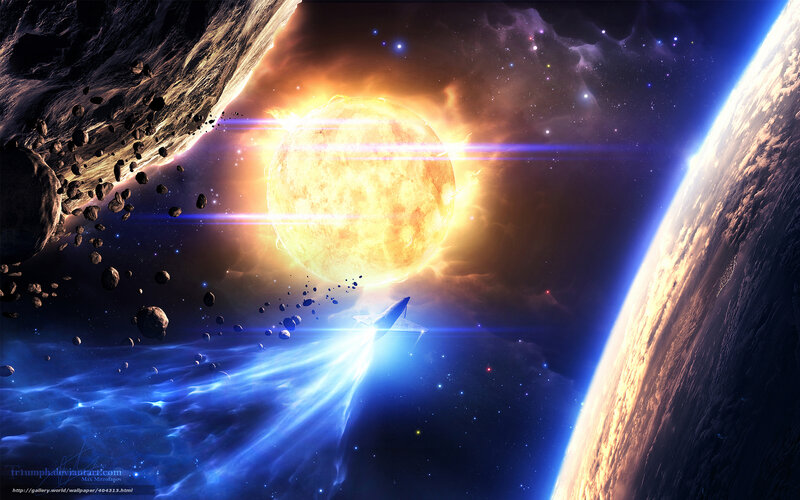 Spaceship Near Planet — Blue, Dramatic, Digital Art, Sun
