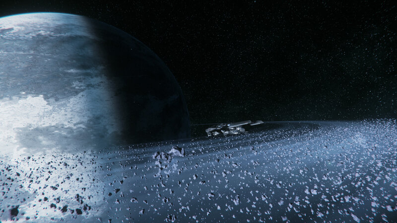 Spaceship Near Planet — Blue, Dramatic, Night, 3d Render, Asteroids