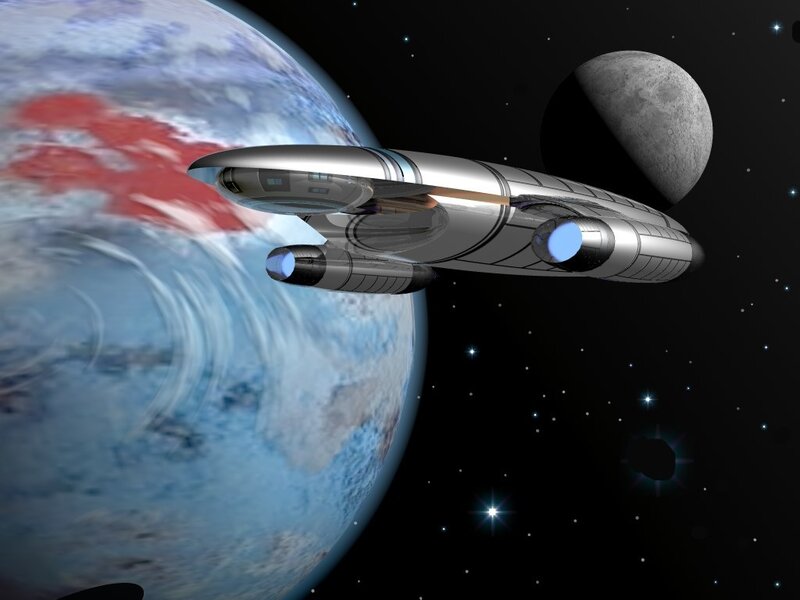 Spaceship Near Planet — Blue, Dramatic, Night, 3d Render