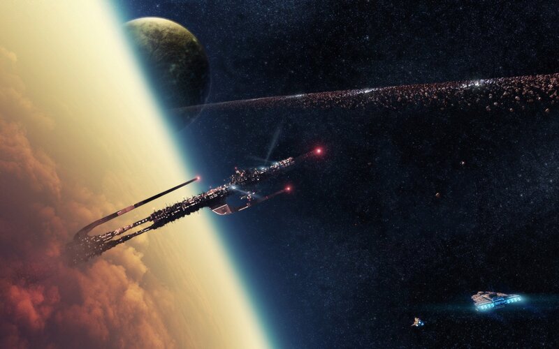 Spaceship Near Planet — Blue, Dramatic, Night, Digital Art, Asteroid Belt
