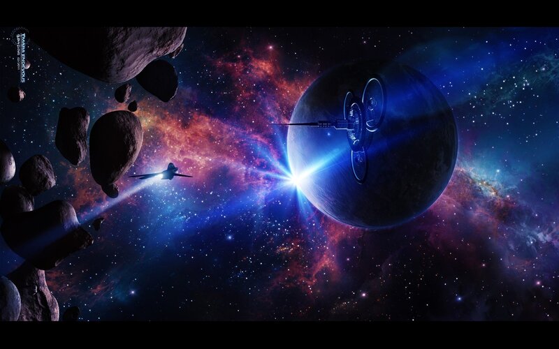 Spaceship Near Planet — Blue, Dramatic, Night, Digital Art, Asteroids, Nebula