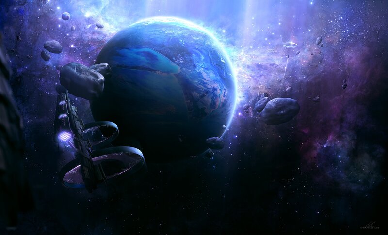 Spaceship Near Planet — Blue, Dramatic, Night, Digital Art, Asteroids, Stars