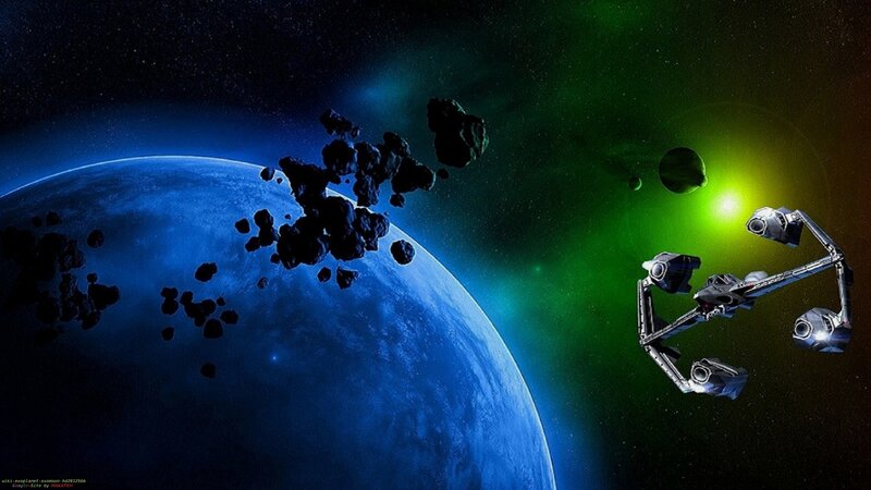 Spaceship Near Planet — Blue, Dramatic, Night, Digital Art, Asteroids