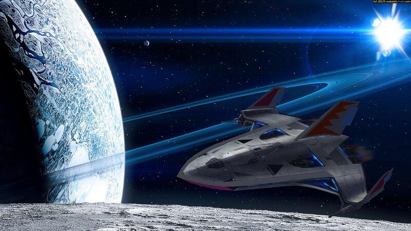 Spaceship Near Planet — Blue, Dramatic, Night, Digital Art, Moon, Star