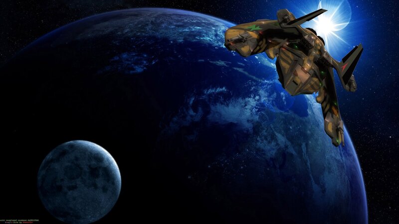 Spaceship Near Planet — Blue, Dramatic, Night, Digital Art, Moon