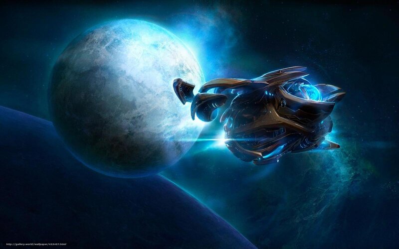 Spaceship Near Planet — Blue, Dramatic, Night, Digital Art, Space, Starfield