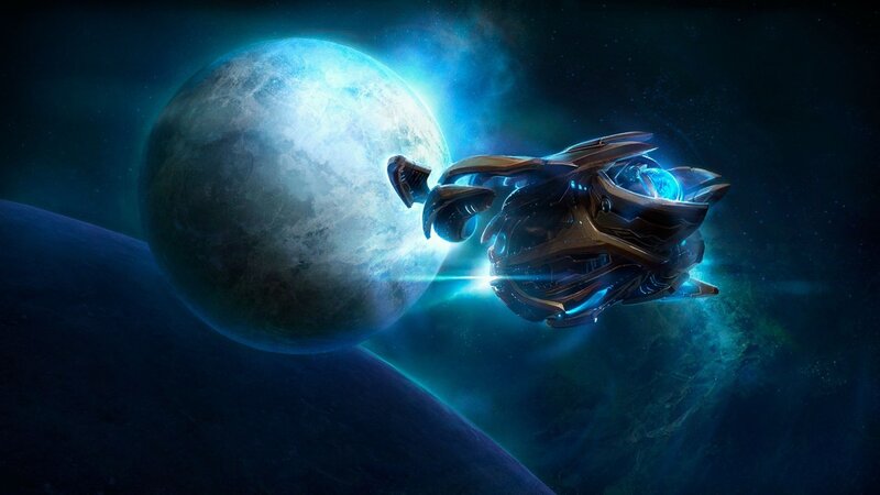 Spaceship Near Planet — Blue, Dramatic, Night, Digital Art, Space