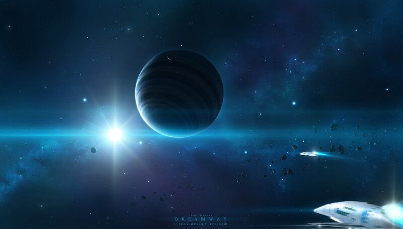 Spaceship Near Planet — Blue, Dramatic, Night, Digital Art, Star, Asteroids