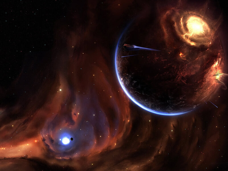 Spaceship Near Planet — Blue, Dramatic, Night, Digital Art, Star