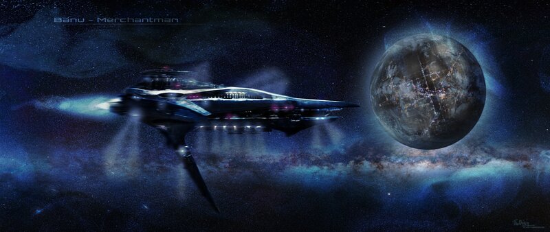 Spaceship Near Planet — Blue, Dramatic, Night, Digital Art, Stars
