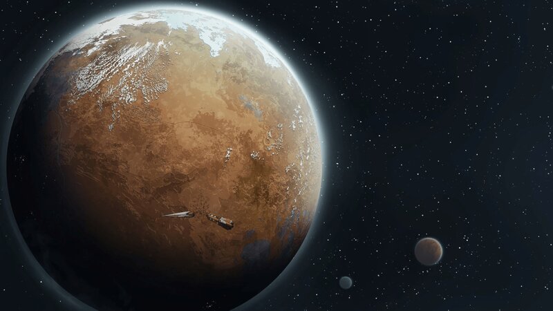 Spaceship Near Planet — Brown, Dramatic, Digital Art, Moon