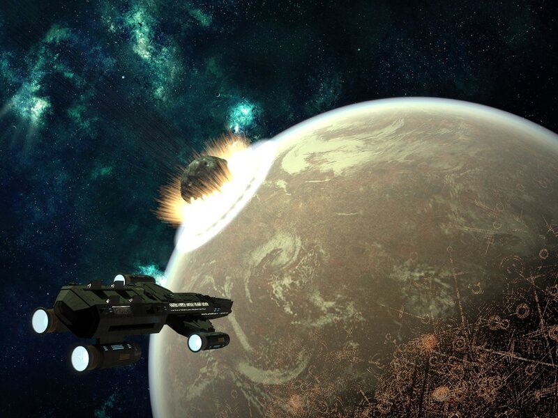 Spaceship Near Planet — Brown, Dramatic, Digital Art